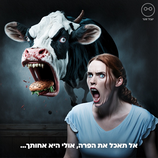 פרה מפחידה נושכת המבורגר ואישה מבועתת לפניה, איור AI כהה, עם הכיתוב "אל תאכל את הפרה, אולי היא אחותך"