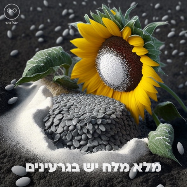 חמנייה שבמרכזה גרגרי מלח לבנים במקום גרעינים, על אדמה כהה, איור AI, עם הכיתוב "מלא מלח יש בגרעינים"
