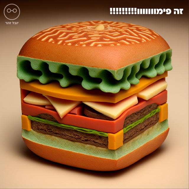 המבורגר בסגנון פלסטלינה עם שכבות ירק, גבינה וקציצה, איור AI, עם הכיתוב "זה פימו!"