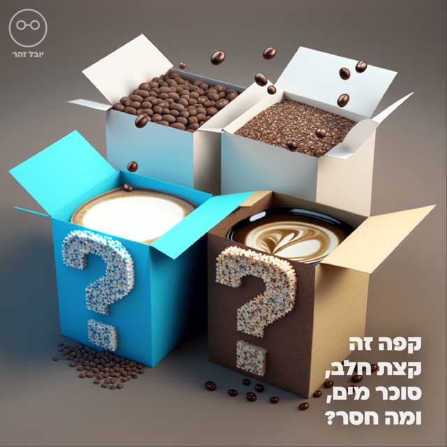 ארבע קופסאות עם פולי קפה וכוסות קפה וסימני שאלה, איור AI, עם הכיתוב "קפה זה קצת חלב, סוכר, מים, ומה חסר?"