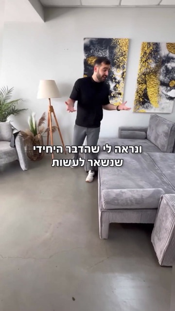 גבר בסלון תצוגה עם ספה אפורה ותמונות קיר, קאבר רילס עם הכיתוב "נראה לי שהדבר היחידי שנשאר לעשות"